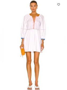 STAUD Mini Demi Dress in White Land and Sea Poplin Shirt Dress Contrast Trim XS